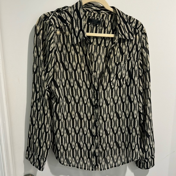 Guess Button Down Pattern Sheer Black & Cream Blouse Sz L - Picture 1 of 5
